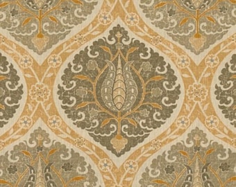 May include: A beige and gray fabric with a repeating pattern of stylized floral motifs. The pattern is reminiscent of traditional damask designs.