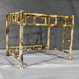 May include: A rustic wooden bunk bed frame with a ladder on one side. The frame is made of natural wood with a light brown stain and has a rough, textured surface.