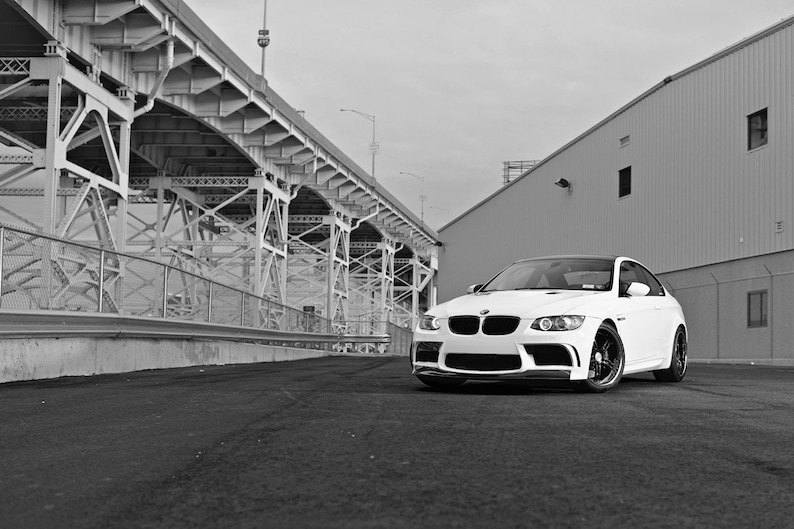 Poster of BMW E92 M3 Left Front on 360 Forged wheels Black and White print