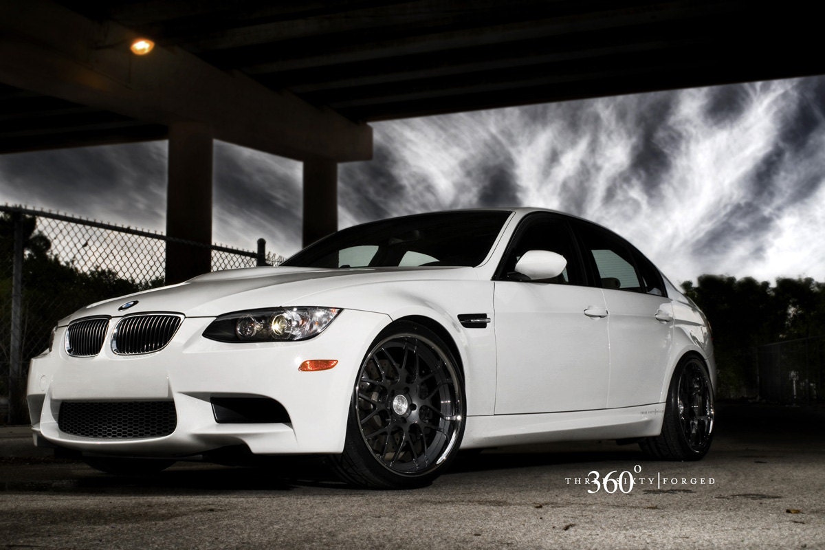 Poster of BMW E92 M3 Left Front on 360 Forged wheels Black and White print