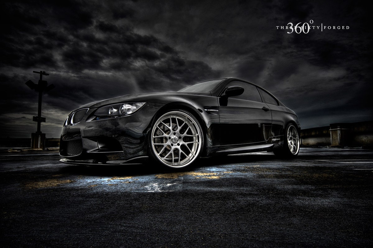 Poster of BMW E92 M3 Left Front on 360 Forged wheels Black and White print