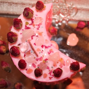 Love Moon Shaped Pillar Crystal Candle|Crystal Candle|Moon Candle|Faerieworks of New England|Crystal Healing|Meditation|Crystal Candles