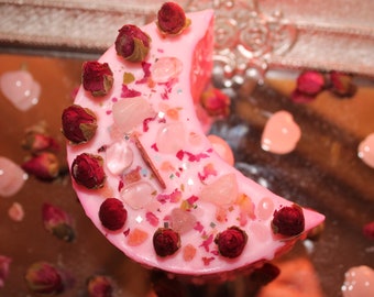 Love Moon Shaped Pillar Crystal Candle/Crystal Candle/Moon Candle/Faerieworks of New England/Crystal Healing/Meditation/Crystal Candles