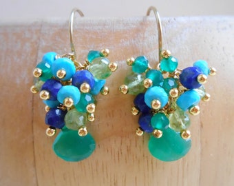 Nicole petite gemstone cluster earrings green blue dainty earrings onyx lapis lazuli turquoise peridot dangle drop gold fill gift for her