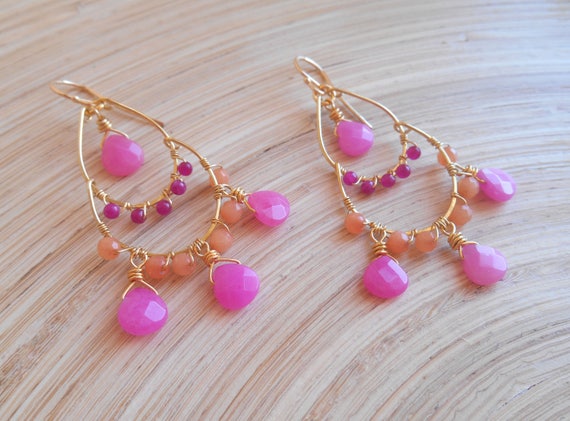 Fiorelle Fuchsia Hot Pink Orange Gemstone Chandelier Earrings Image 0