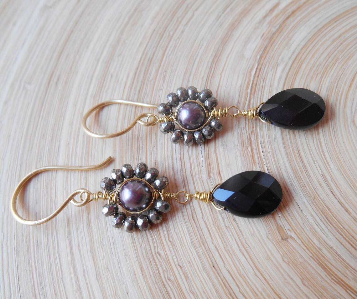 Maurice gemstone beaded cluster earrings gray black dangle | Etsy