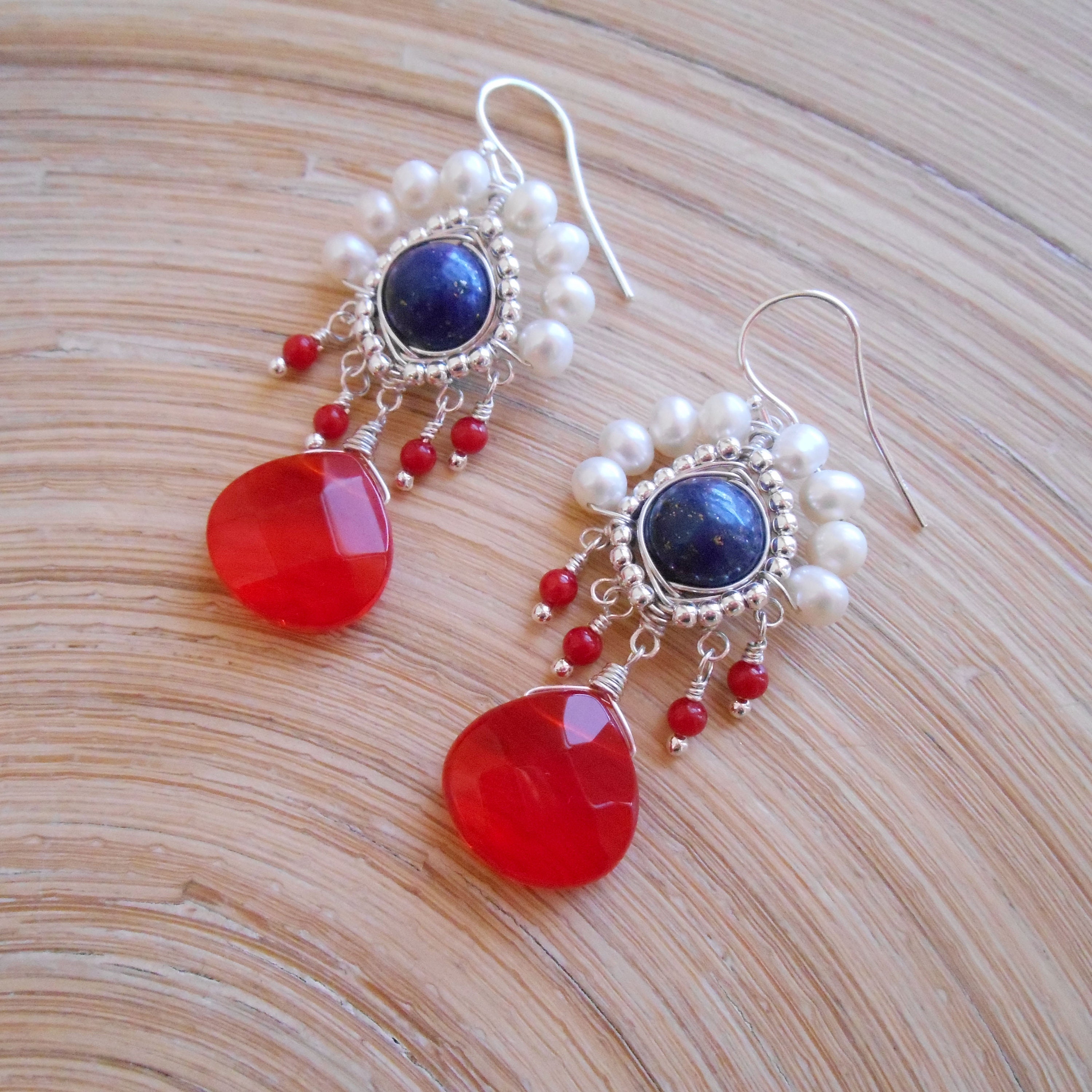 Lapis Lazuli Red Coral Gemstone Beaded Chandelier Earrings Red | Etsy