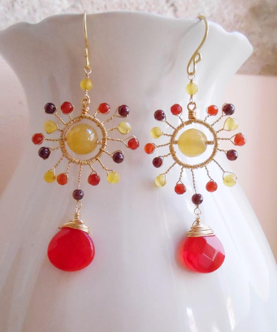 Wire Wrapped Carnelian Circle Earrings Genuine Gemstone Earrings