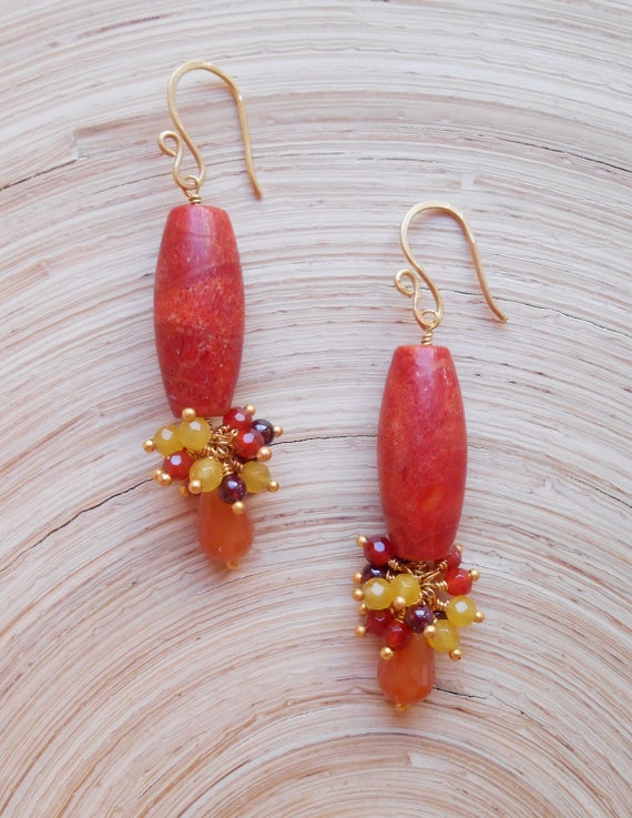 Emilie gemstone cluster dangle drop earrings red orange sponge | Etsy