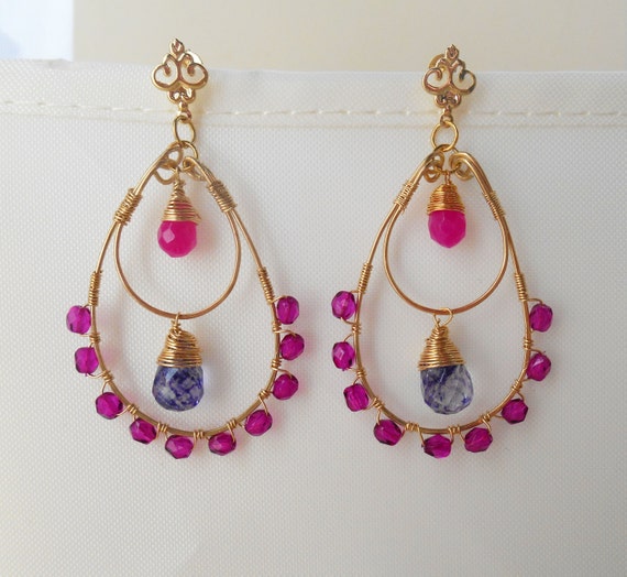 Violette Gemstone Chandelier Earrings Blue Fuchsia Pink