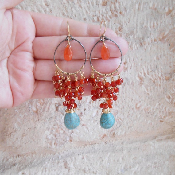 Elena mixed metal gemstone long chandelier earrings turquoise | Etsy