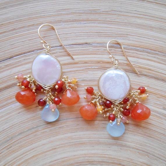 Tresor coin pearl gemstone cluster chandelier earring orange | Etsy