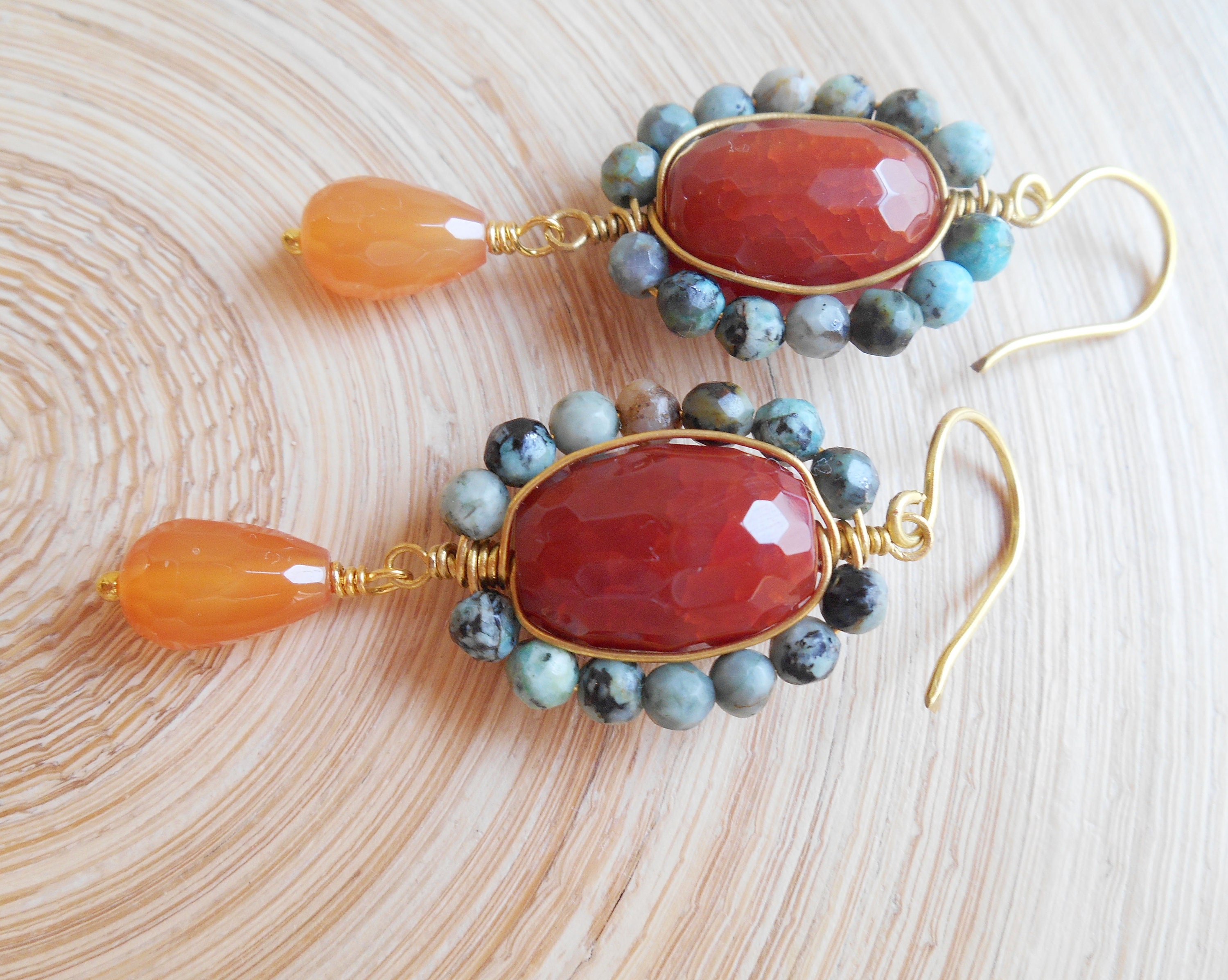 Coco gemstone beaded cluster dangle drop earrings dark orange | Etsy