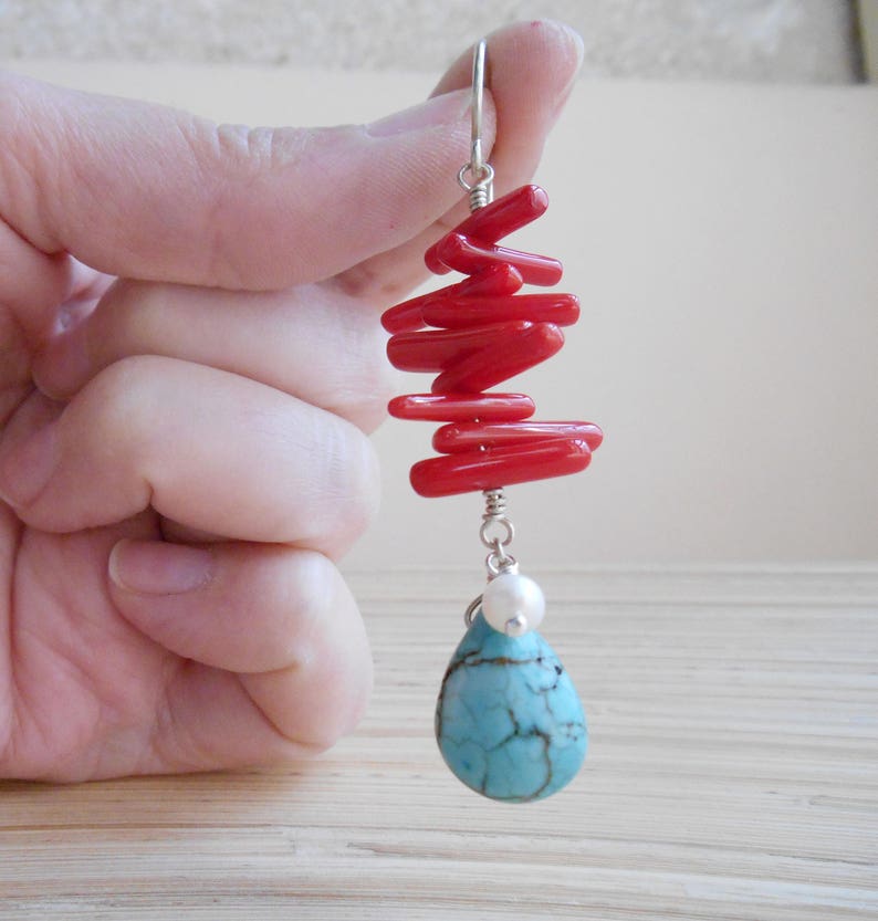 Valparaiso beach gemstone linear earring red turquoise blue Etsy