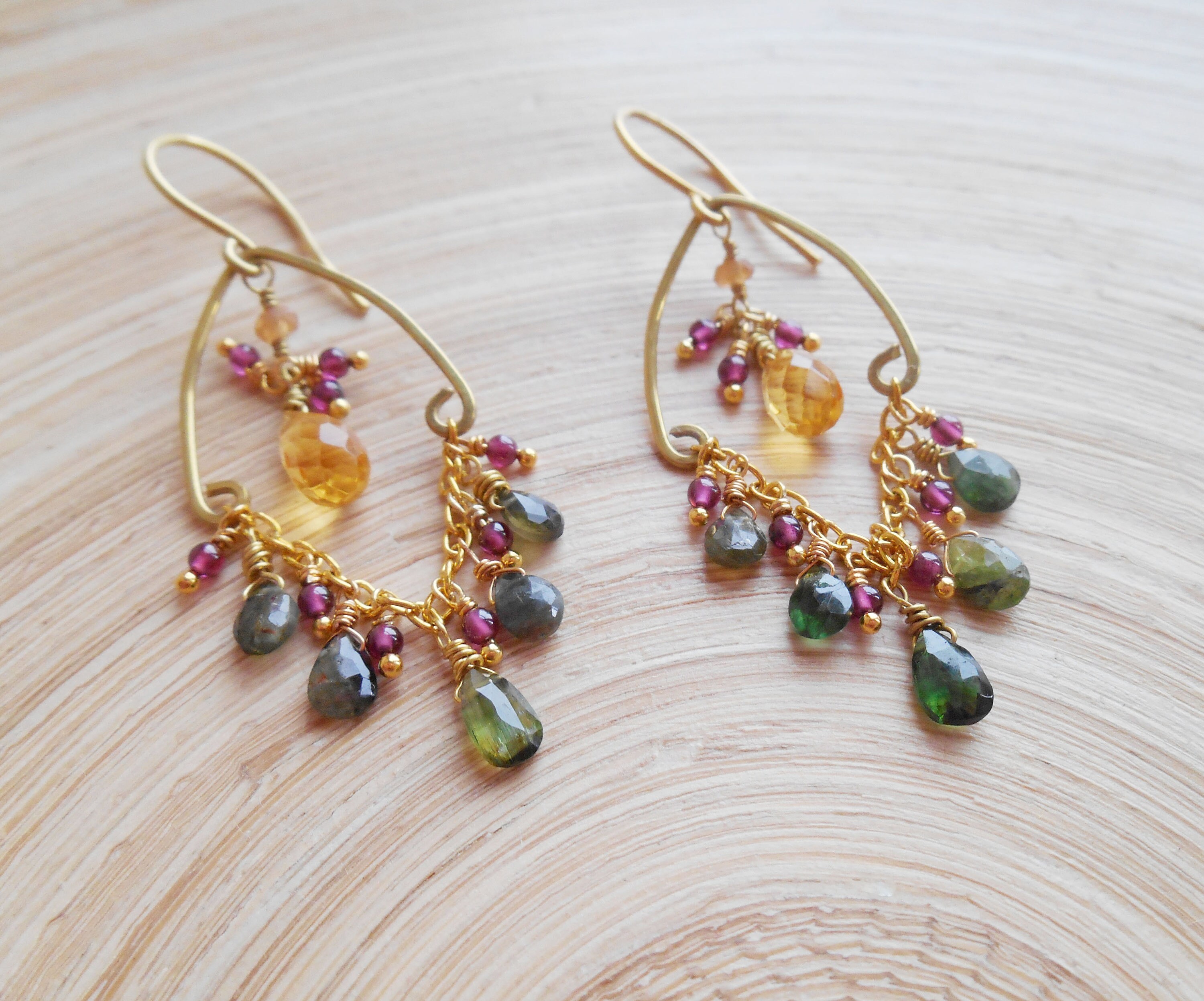 Twinkle gemstone chandelier earrings green yellow petal dangle | Etsy