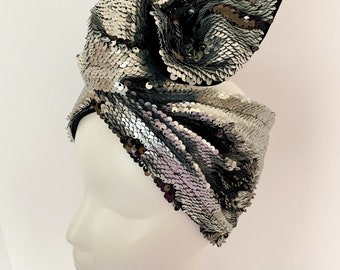 NEW* Mermaid Reversible Gunmetal Grey/ Black Sequin Turban Headwap + Black Velvet Lining. Hollywood Glamour Mardi Gras Costume Accessory