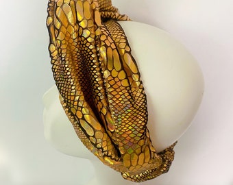 Iridescent Brown Bronzw Headband Snakeskin Foil Knotted Turban Headband Twist Knot Headband Twistband Knotted Headband Reptile