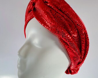 Iridescent Red Snakeskin Foil Metallic Velvet Knotted Turban Headband Twist Knot Headband Twistband Metallic Headband