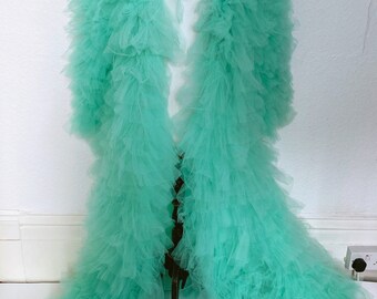 Mint Green Tulle Ruffle Puffy Tiered Oversized Extra Gown Robe Costume Festival Party Statement Piece Coat