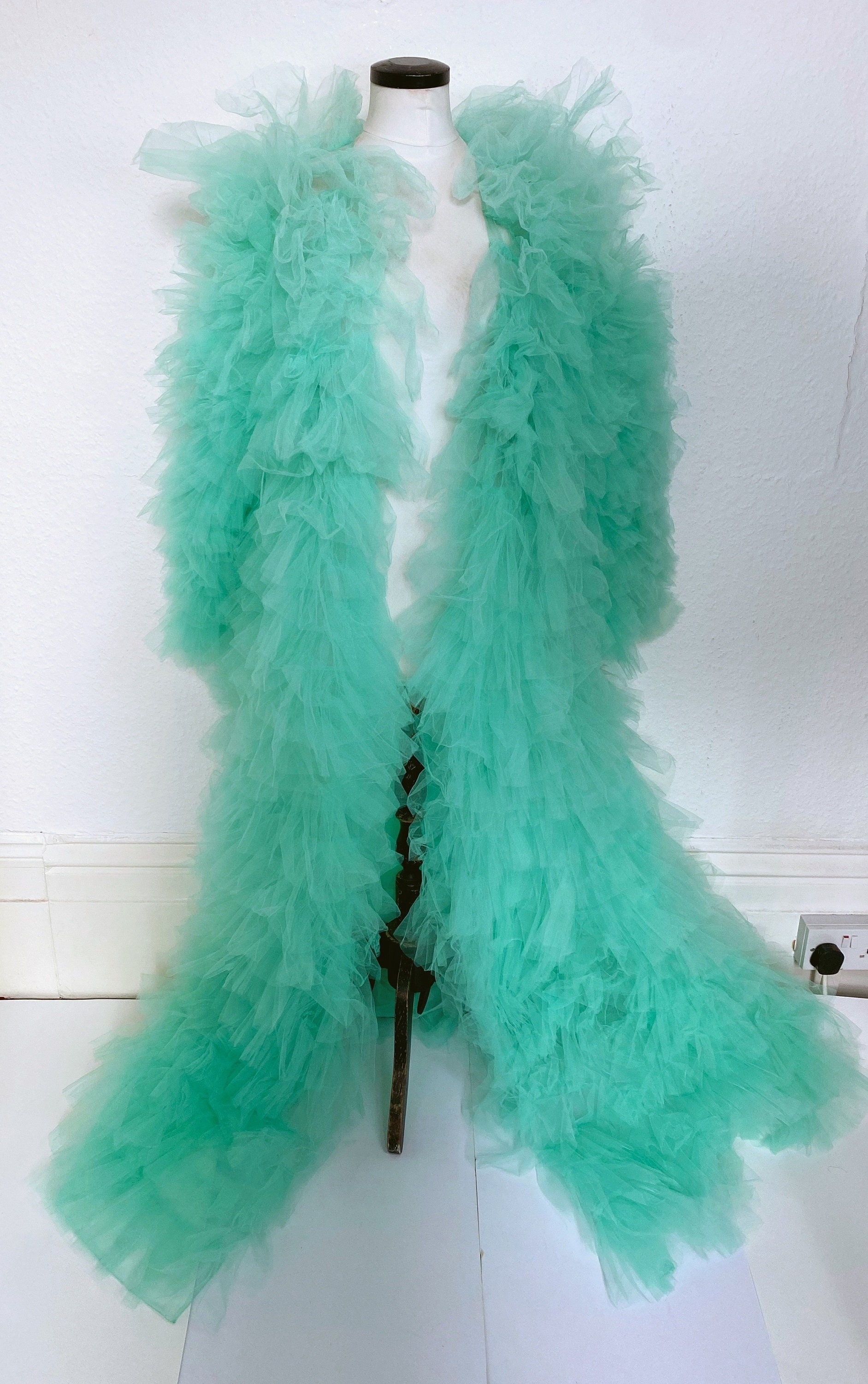 Mint Green Tulle Ruffle Puffy Tiered Oversized Extra Gown Robe Costume Festival Party Statement Piece Coat