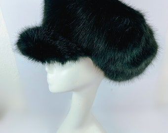 Pantha Black Fluffy Baker Boy Cap. Oversized Peak Hat Green Luxury Faux Fur Mega Floof Festival Hat