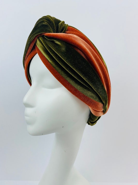 Retro Velvet Olive Green and Cognac Turban Headband NWT Olive Green Soft Velvet Turban Twist Head Wrap Comfy Luxury  main image 3