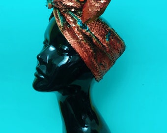Burnt copper orange & turquoise reversible sequin and luxury velvet wire headwrap/ turban/ bow. Festival fashion, Burning Man.