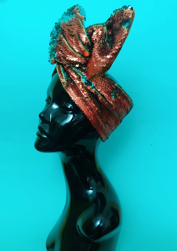 Elegant Burnt Orange Sequin Head-wrap NEW* Burnt Orange Sequin Headwrap Reversible Turban Headband  main image 3