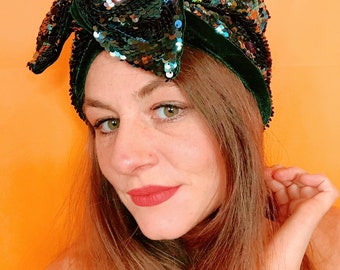 SEQUIN VELVET HEADBAND Petrol Iridescent Headwrap Turban Hairband. Festival Accessory, Party Headband, Hollywood Glamour