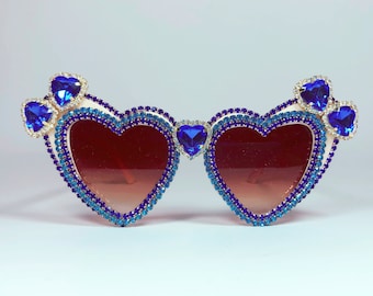Festival Party Sapphire Blue Turquoise Love Heart Shaped Embellished Bling Sunglasses Sunnies Eyewear. Rhinestone Diamante Crystal Christmas