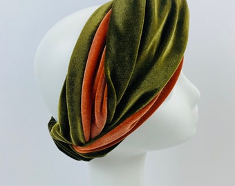 Luxury Olive Green & Terracotta Velvet Knotted Turban  display picture 1