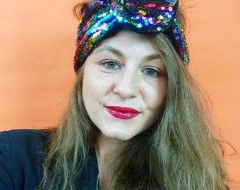 Multi coloured rainbow & gold sequin turban/ head band/ hairband/ hair wrap. Festival fashion, Burning Man Costume, Party, Ibiza.