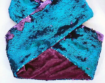 Wendbare Meerjungfrau Türkis Blau + Lila Pailletten Kopftuch/ Turban/ Schleife mit Lila Luxus Samt Futter. Party Feier Weihnachten