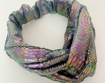 Iridescent Grey Headband Snakeskin Foil Knotted Turban Headband Twist Knot Headband Twistband Knotted Headband Reptile