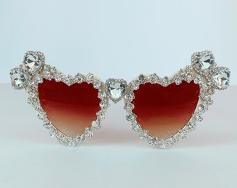 Bride Festival Silver Heart Shaped Sunglasses Embellished with Rhinestones Diamanté. Bling Eyewear, Hen Do, Burning Man, Ibiza Party Bridal