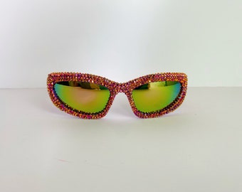 Sunset Pink Y2K Rhinestone Cyber Wrap Around Sunglasses Diamanté Space Shades Sunnies Holographic Iridescent Rave Festival Party Ibiza