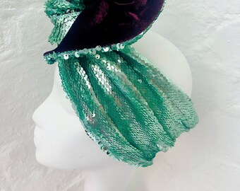 NEW* Arsenic Green Sequin Headwrap Reversible Turban Headband + Mulberry Velvet Lining. Hollywood Glamour Mardi Gras Costume Accessory