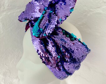 NEW* Reversible Purple Teal Sequin Headwrap Turban Headband + Mauve Pink Velvet Lining Hollywood Glamour Mardi Gras Costume Accessory