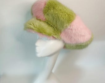 Battenberg Fluffy Baker Boy Cap. Baby Pink + Willow Green Oversized Peak Hat Luxury Faux Fur Mega Floof Festival Hat