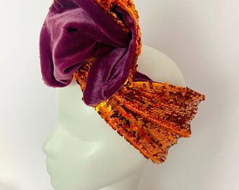 NEW* Burnt Orange Sequin Headwrap Reversible Turban Headband + Plum Velvet Lining Twisted Headband Twistband Hair Accessory