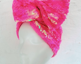NEW* Iridescent Neon Pink Sequin Headwrap Reversible Turban Headband + Hot Pink Velvet Lining Hollywood Glamour Mardi Gras Costume Accessory