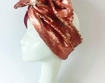 Antique Rose Pink + Gold Sequin Headwrap Headband Turban. Hollywood Glamour Festival Mardi Gras Burning Man Zoom Party