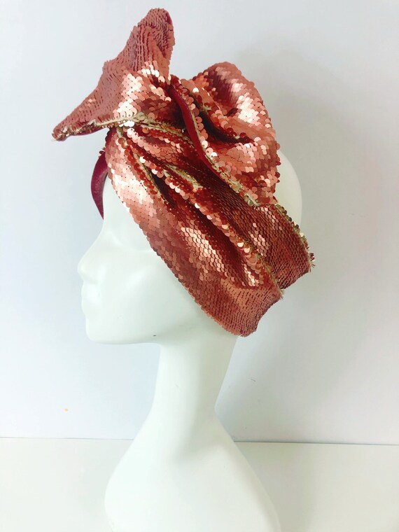 Antique Rose Pink + Gold Sequin Headwrap Headband Turban 