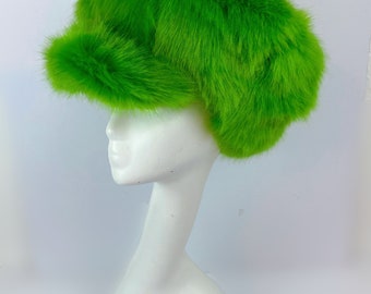 Granny Smith Green Fluffy Baker Boy Cap. Oversized Peak Hat Luxury Faux Fur Mega Floof Festival Hat