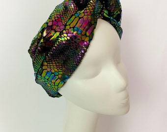 Iridescent Petrol Black Oil Slick Headband Snakeskin Foil Knotted Turban Headband Twist Knot Headband Twistband Knotted Headband Reptile