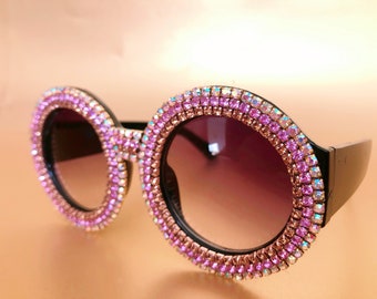 Statement Pink Champagne Gold + AB Silver Diamante Embellished Jewelled Bling Oversized Round Sunglasses, Sunnies, Eyewear. Mardi Gras