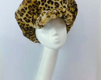 Leopard Print Fluffy Baker Boy Cap. Oversized Animal Print Peak Hat Luxury Faux Fur Mega Floof Festival Hat