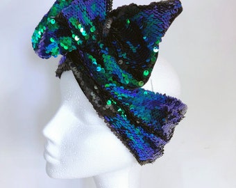 Reversible Mermaid Irridescent Green & Black Sequin Headwrap/ Turban with Luxury Black Velvet Lining. Festival, Christmas Party, Celebration