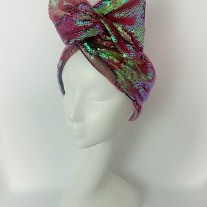 Iridescent Rose Pink Sequin & Mauve Velvet Headwrap Headband Turban Hollywood Glamour Festival Festive