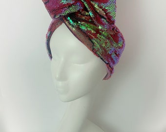 Iridescent Rose Pink Sequin & Mauve Velvet Headwrap Headband Turban Hollywood Glamour Festival Festive